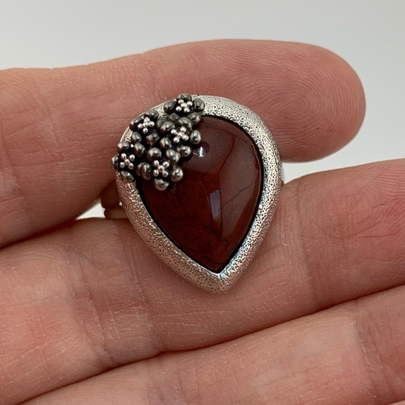 STERLING SILVER 925 TEARDROP FLOWER RED MAROON REMOVABLE CABOCHON RING SIZE 8.5 - Picture 1 of 10